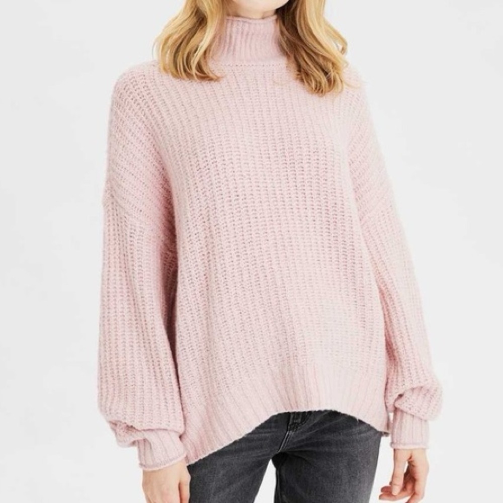 American Eagle Pink Mockneck Sweater Size Small Oversized Knit Pullover